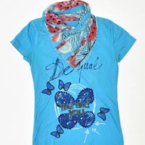 GUC - DESIGUAL Womens Graphic T-Shirt Top US2 Blue Cotton Butterfly